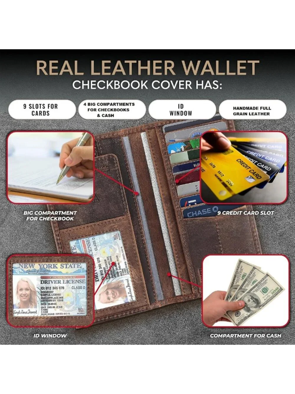 Vintage Leather RFID Bifold Wallet for Men | Classic Checkbook Holder, Buffalo